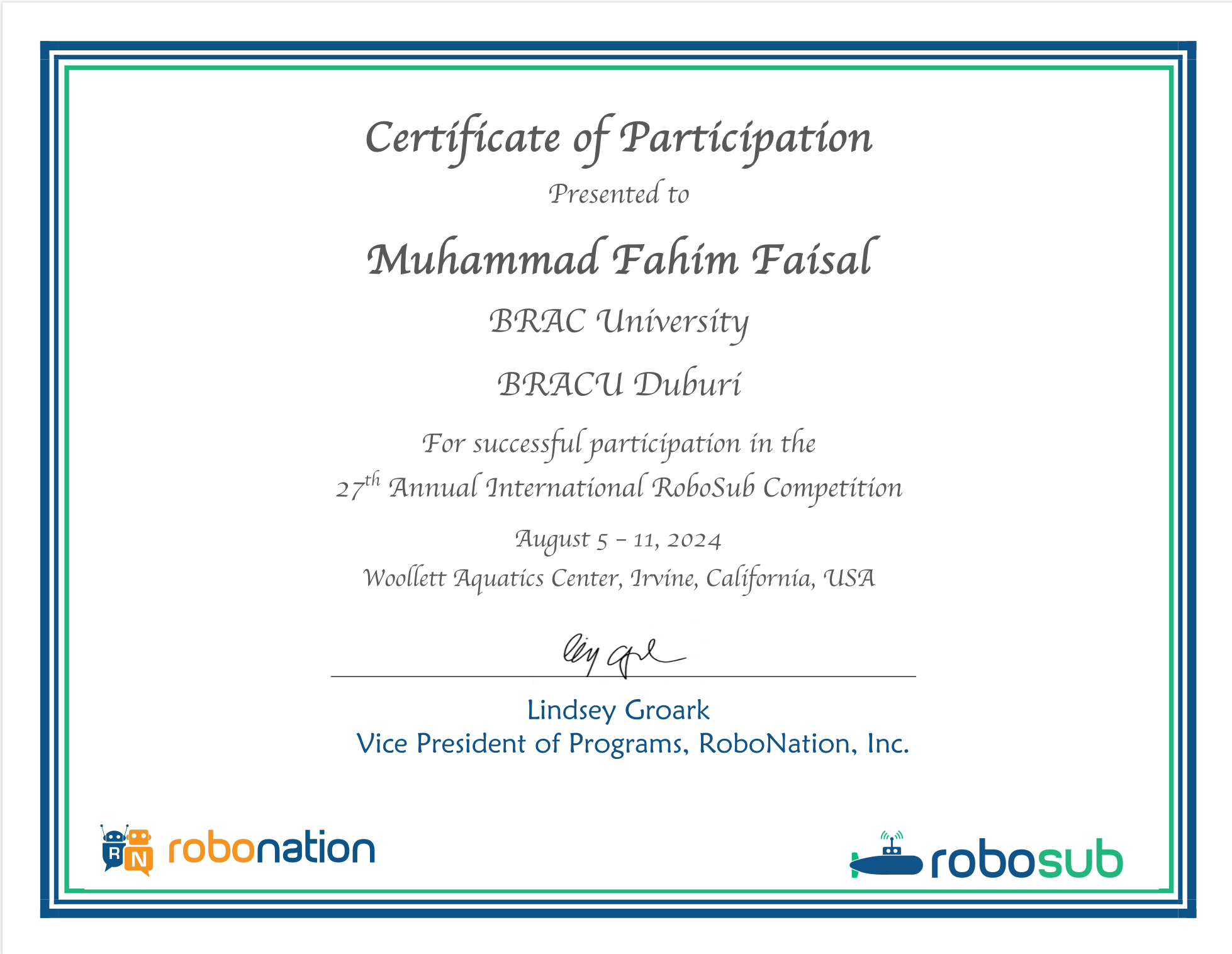 RoboSub 2024 certificate of participation — Muhammad Fahim Faisal