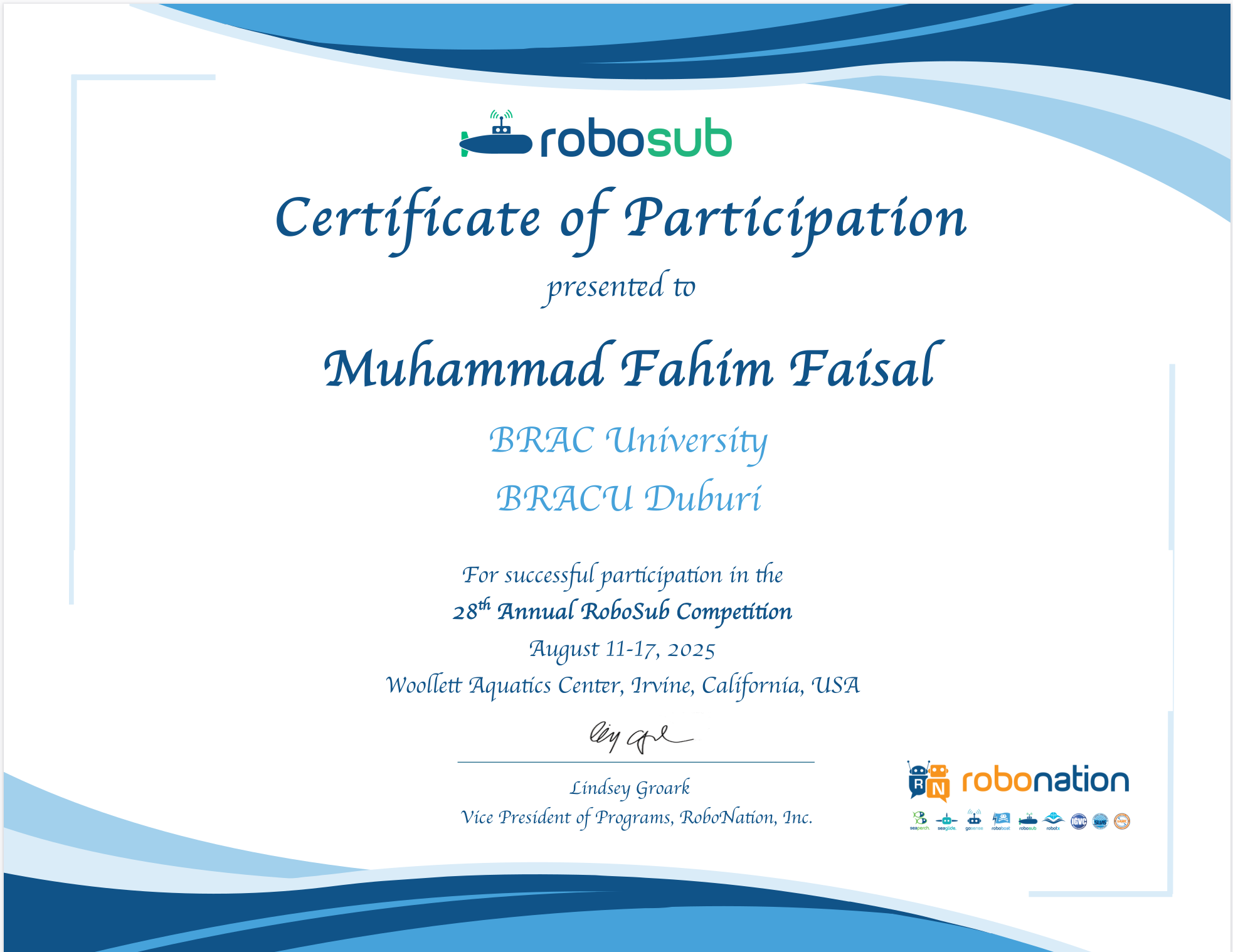 RoboSub 2025 certificate of participation — Muhammad Fahim Faisal