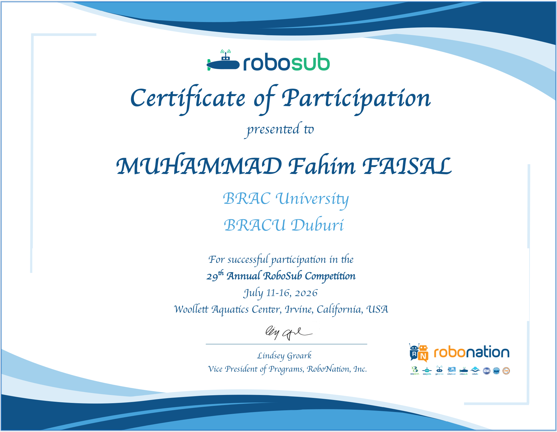 RoboSub 2026 certificate of participation — Muhammad Fahim Faisal