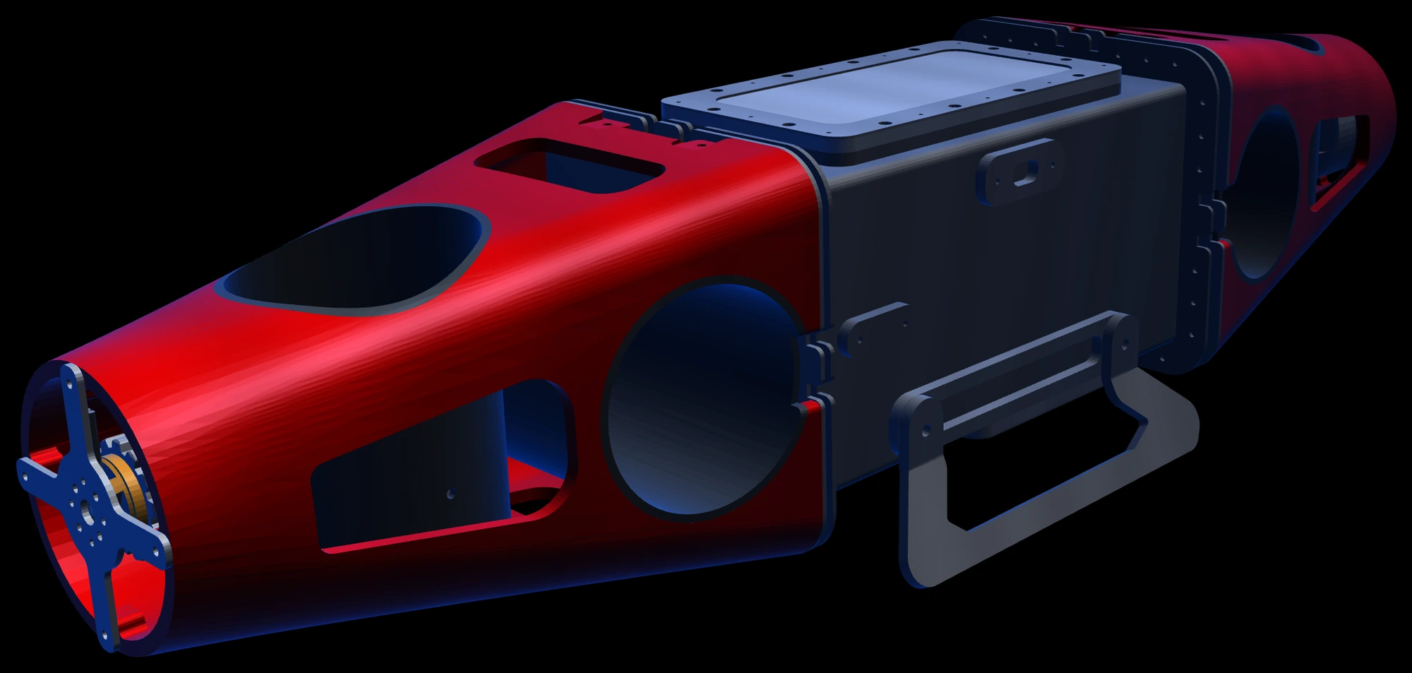 The Mongla hull in its own livery: red fairings over a grey pressure can, the axial thruster's spider in the nose, the carry handle beneath