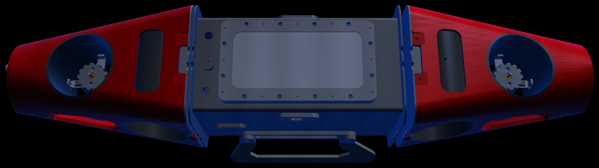 The hull from above, showing both vertical tunnel openings and the hatch