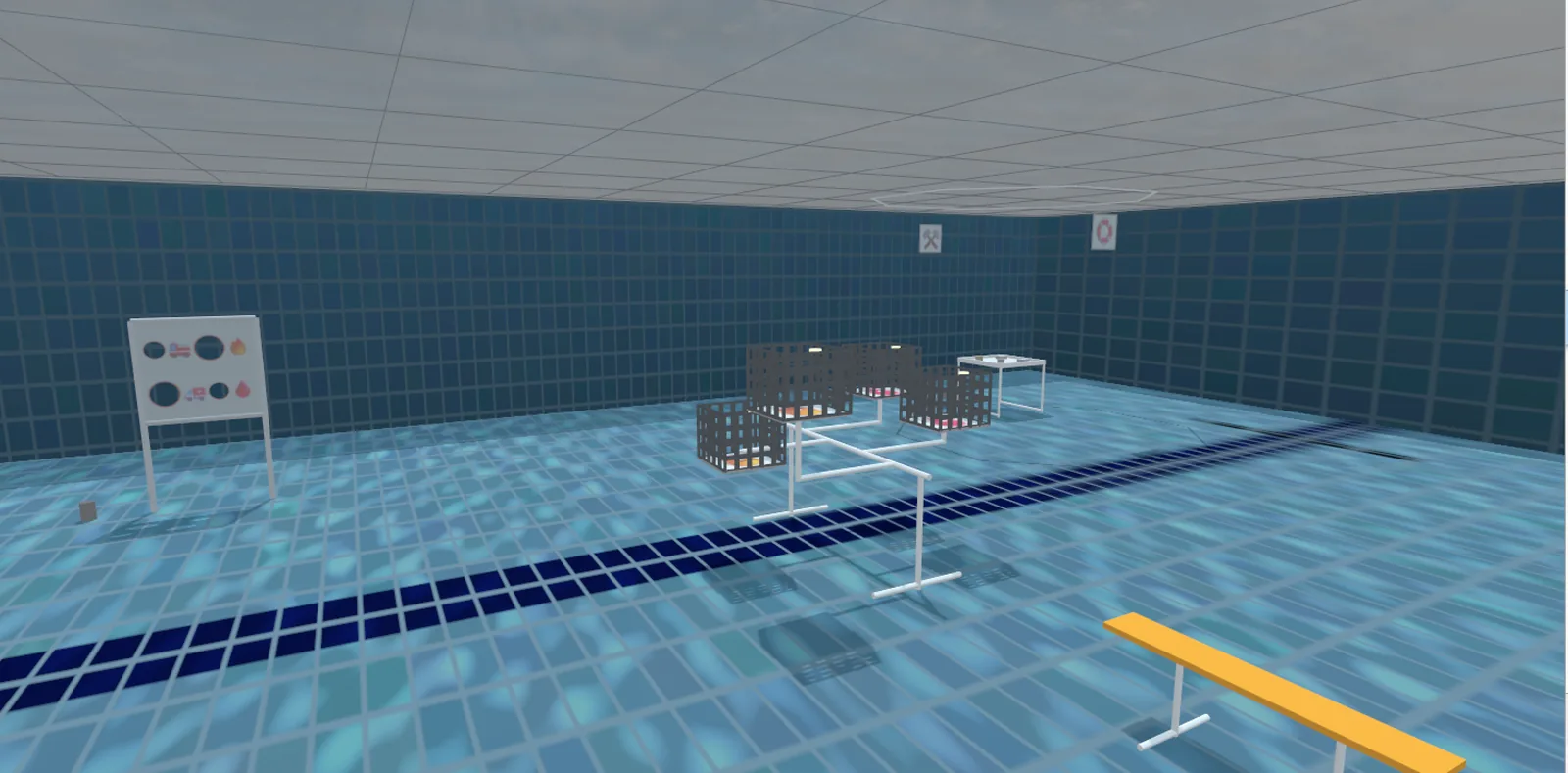 The bins and the torpedo board in the simulated pool