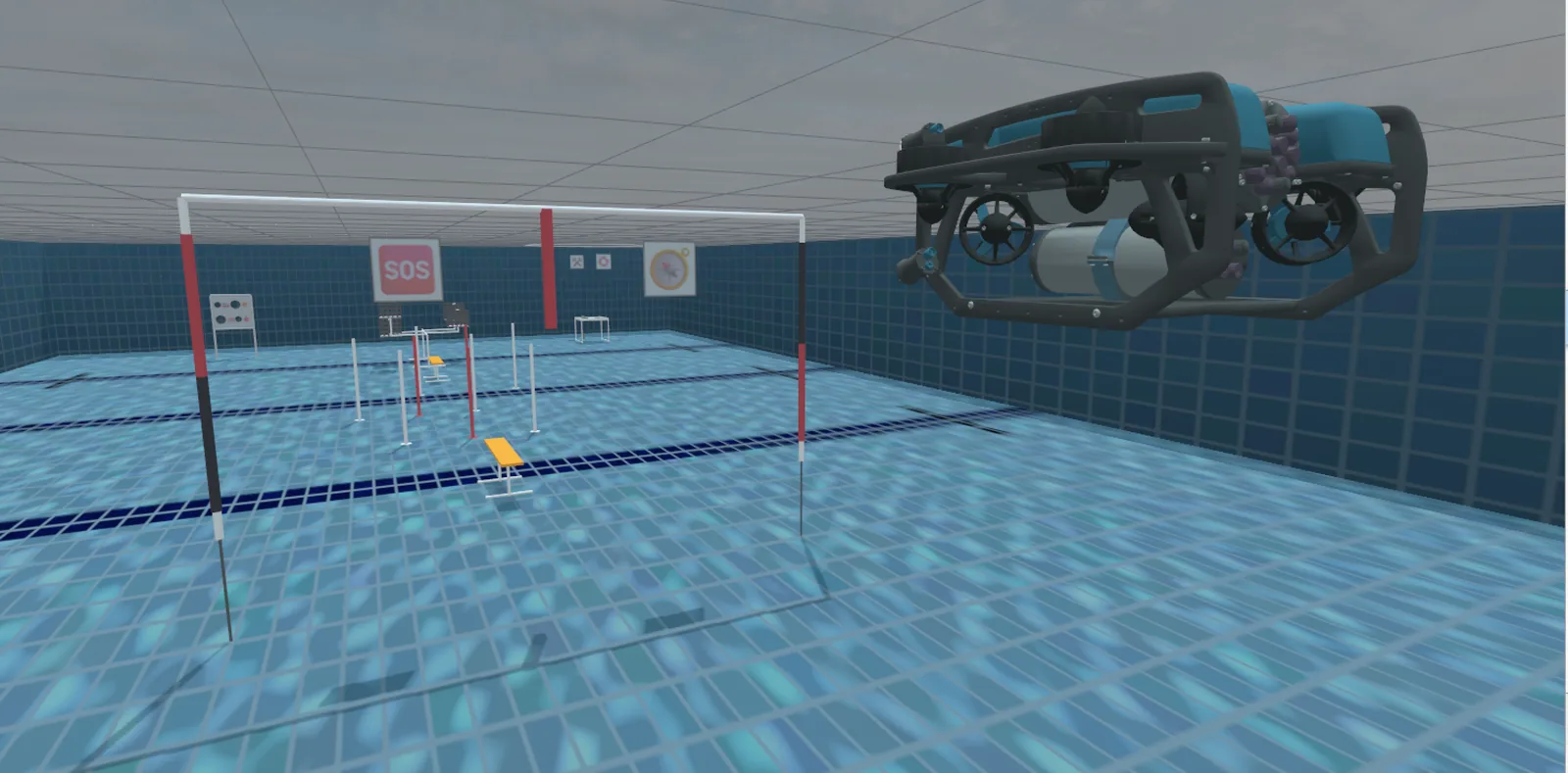 A BlueROV2 Heavy hovering beside the gate in the simulated pool, the slalom poles and task boards behind it