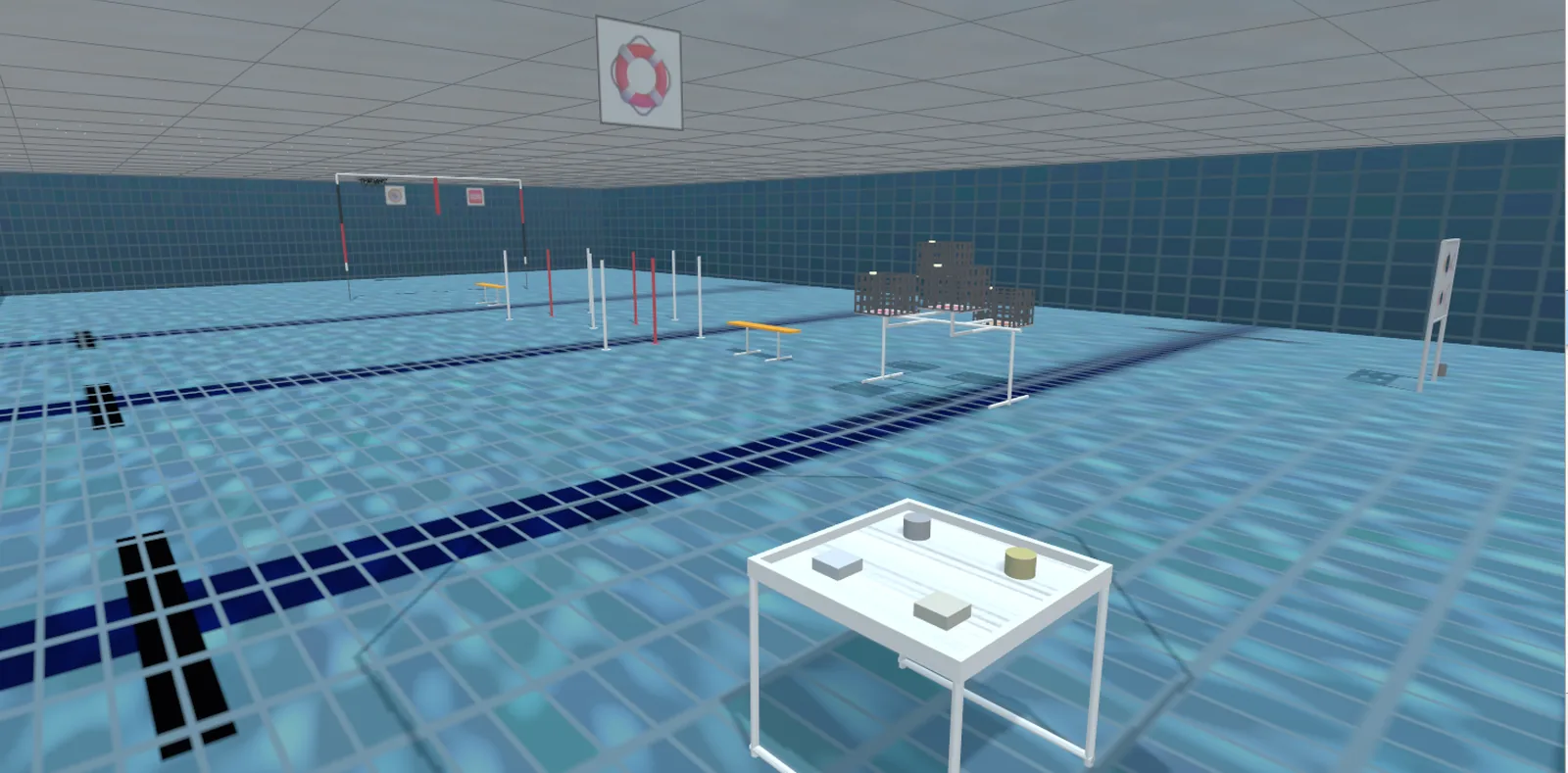 The whole simulated pool, the task tables and the octagon target